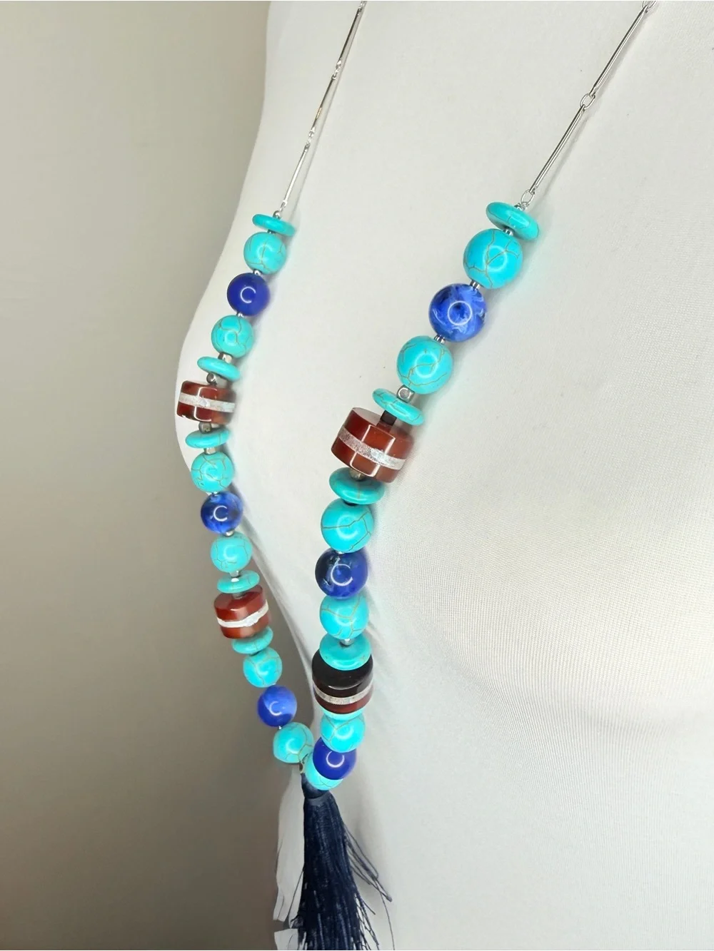 Boho Beaded Turquoise Statement Tassel Necklace